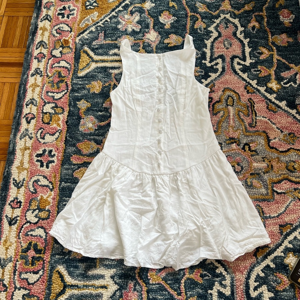 White linen-blend drop waist mini dress